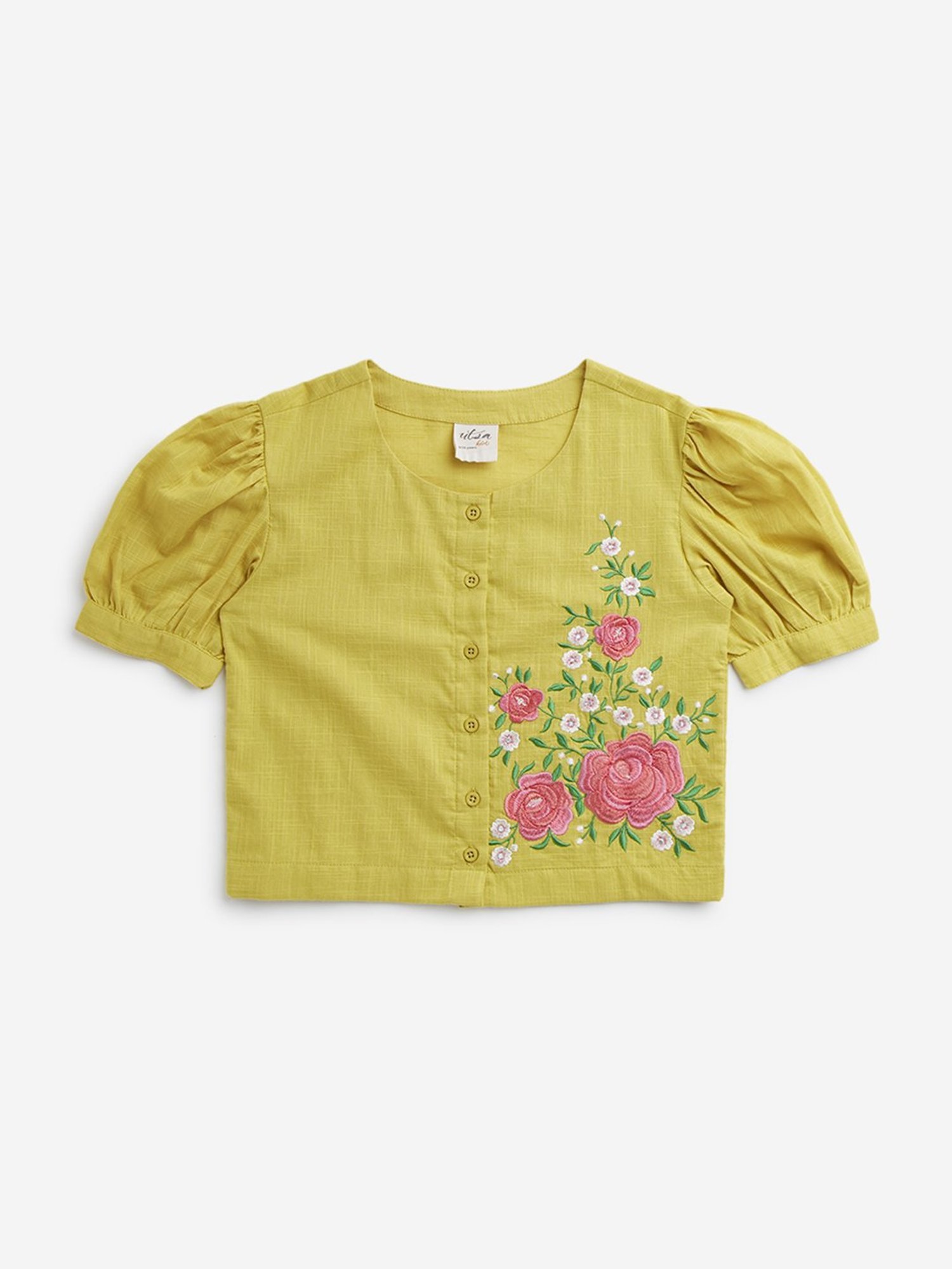 Utsa Kids by Westside Yellow Floral Embroidered Cotton Ethnic Top