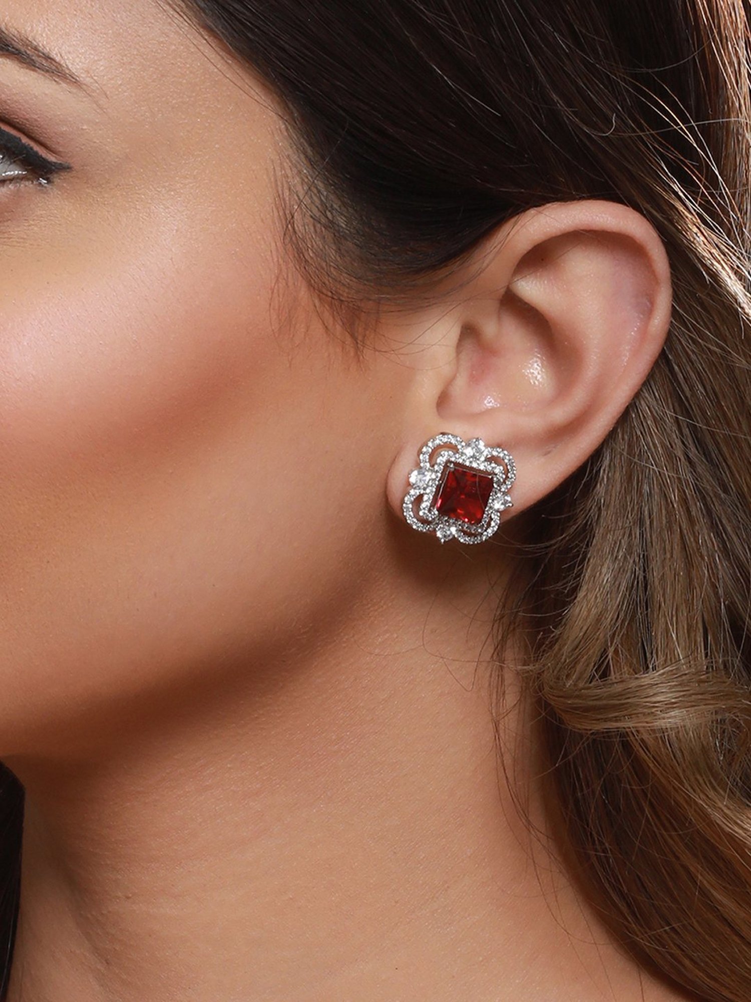 Saraf RS Jewellery Silver Red AD Studded Minimal Studs Earrings