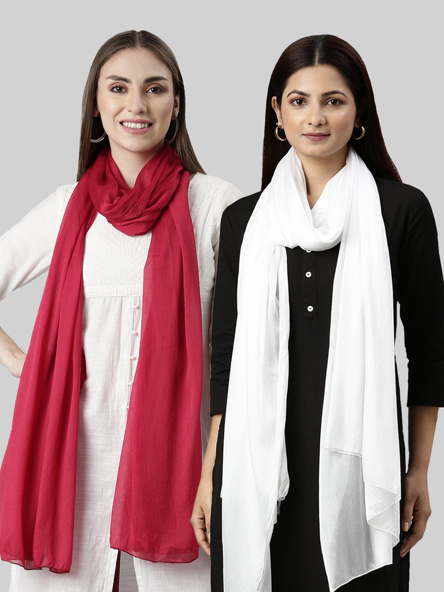 TWIN BIRDS Red & White Plain Dupatta - Pack Of 2