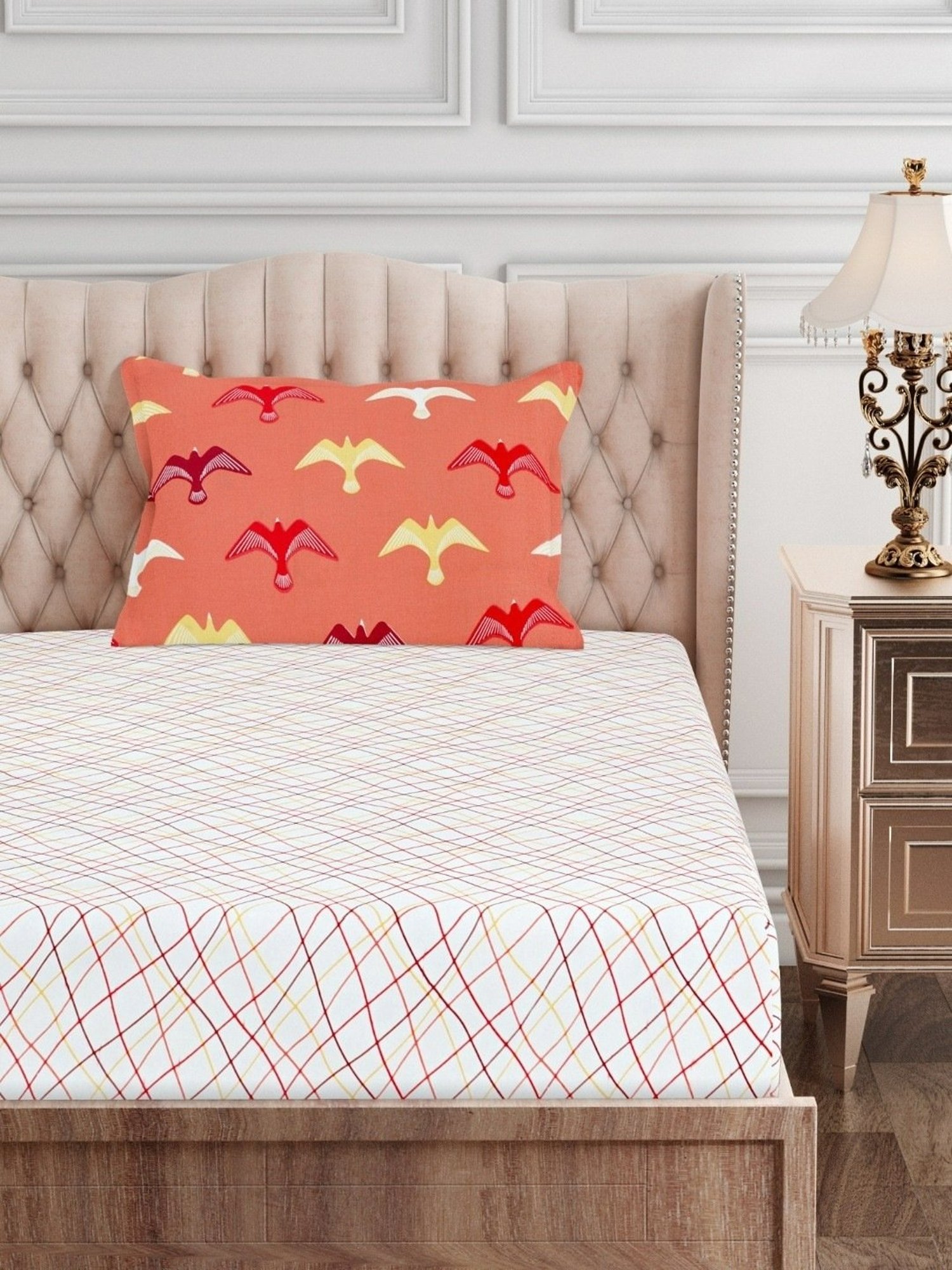 SEJ by Nisha Gupta Geometric Red 160 TC Cotton Single Bed Sheet with 1 Pillow Cover
