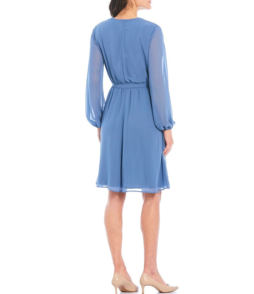 Marina Long Sleeve V-Neck Tie Front Chiffon Wrap Dress