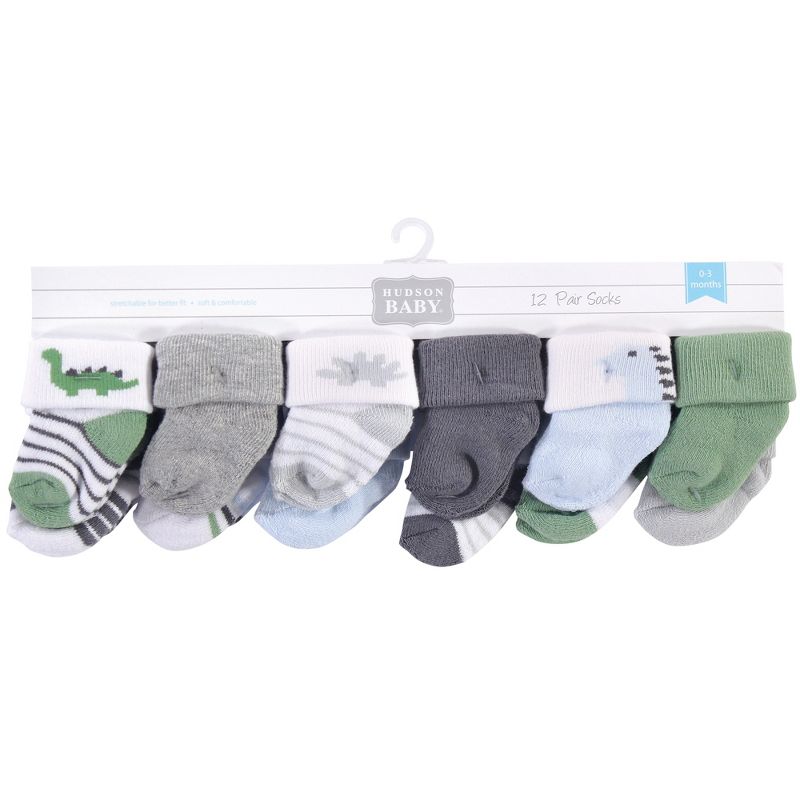 Hudson Baby Infant Boy Cotton Rich Newborn and Terry Socks, Boy Dino, 0-3 Months