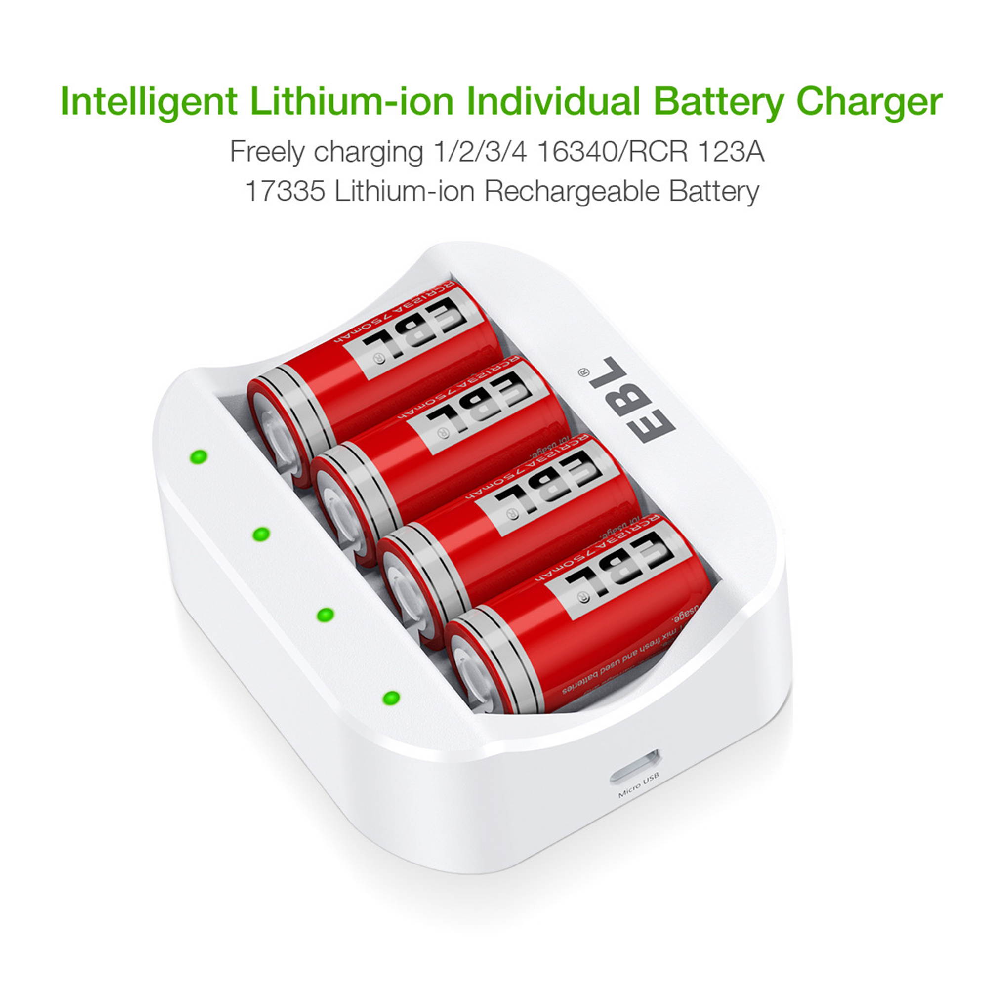 EBL 8 Pcs 16340 3.7V RCR123A Batteries + Smart 4 Slots Battery Charger for 16340 RCR123A Li-ion Rechargeable Batteries