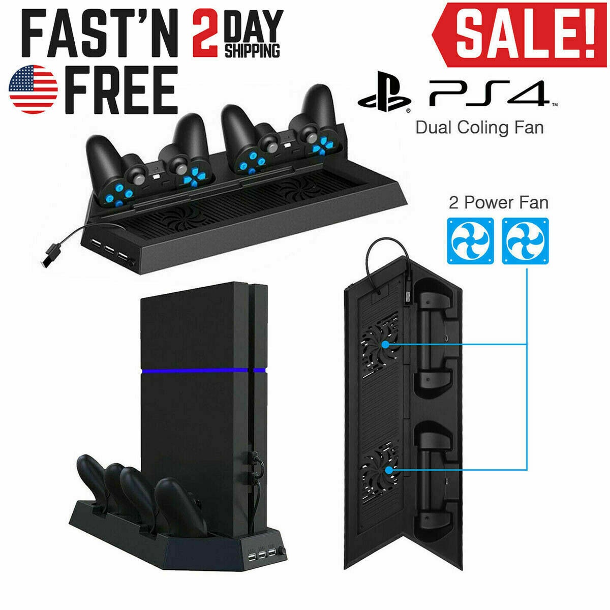 PS4 Cooling Ston Vertical Stand 2 Controller Charging Dock For PlaySton 4