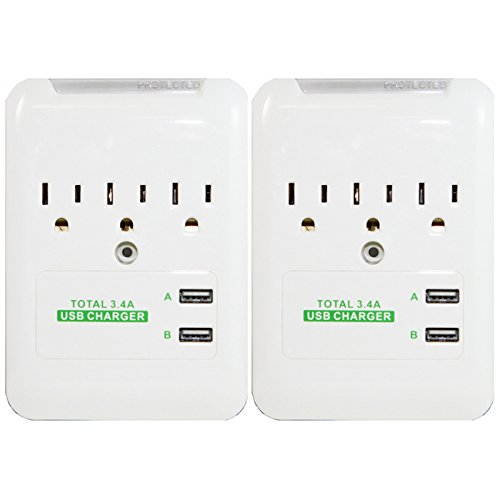 RND Wall Power Station includes 3 AC Plugs and 2 USB ports (3.4A total) with Surge protection for iPhone  iPad  Samsung Galaxy  LG  HTC  Moto and all USB Compatible Devices (2-Pack)