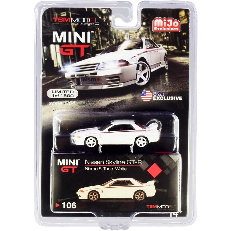 Nissan Skyline GT-R (R32) Nismo S-Tune RHD (Right Hand Drive) White with Graphics Ltd Ed 1800 pcs 1/64 Diecast Model Car by TSM