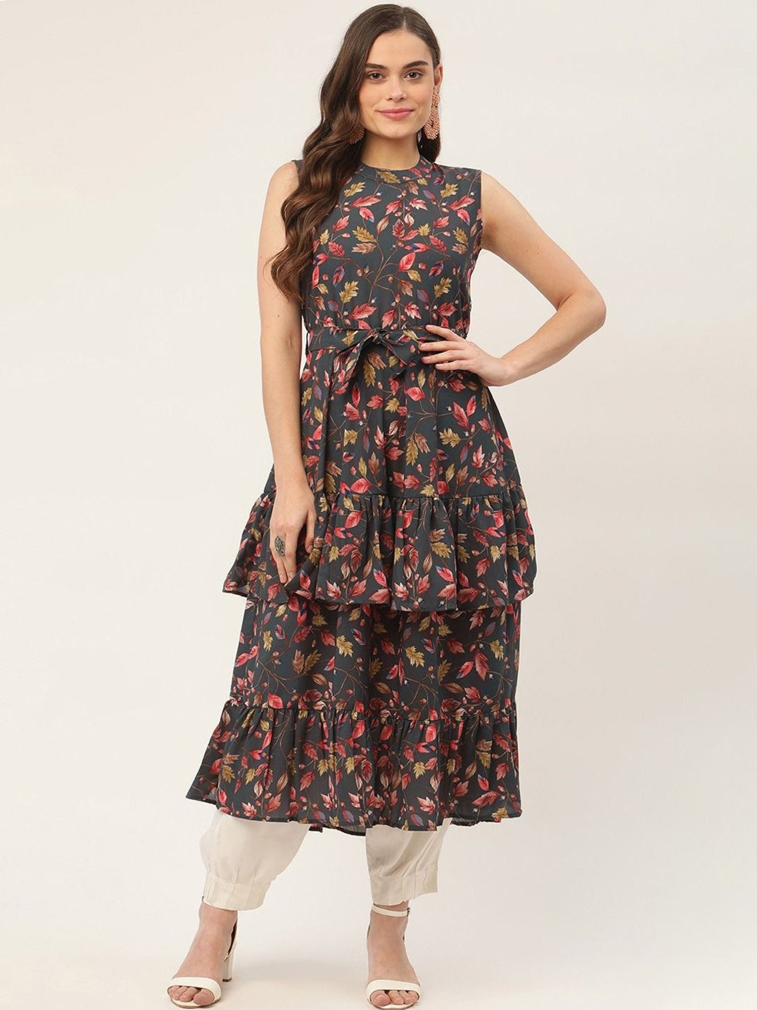 Jompers Grey & Pink Floral Print Flared Kurta