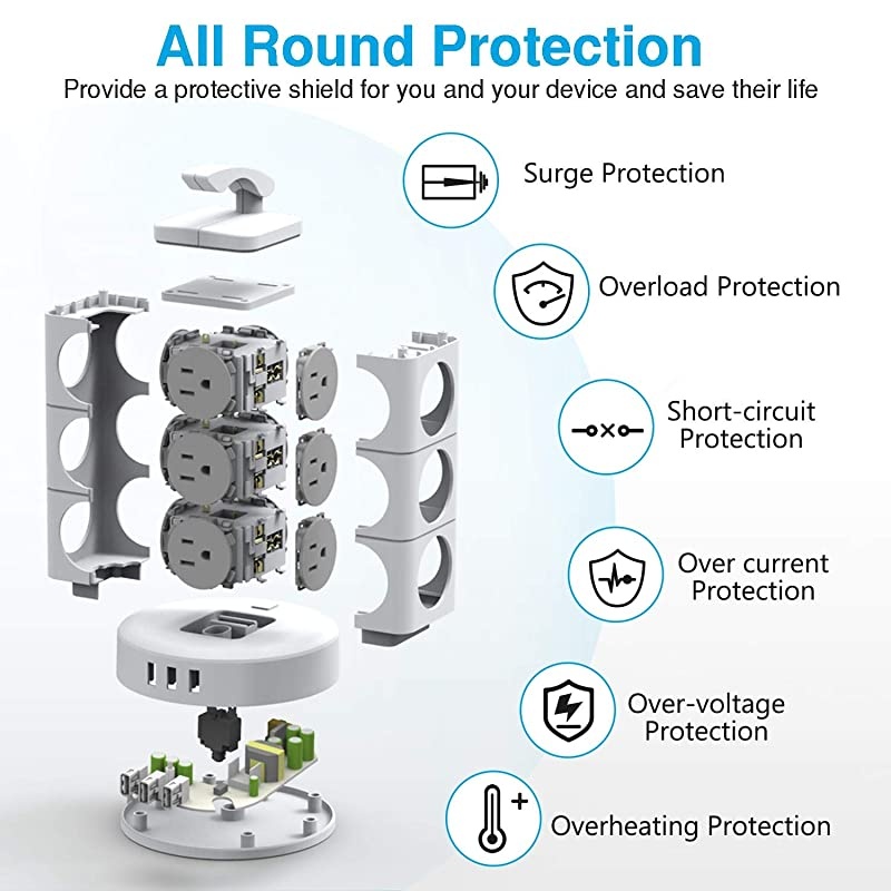 Power Strip Tower Surge Protector, 12 AC Outlets 3 Ports Electric Charging Station with 6.6 ft Extension Cord, 3000W 13A Desktop Power Strip with Handle, Circuit Breaker Safeguard Home Office
