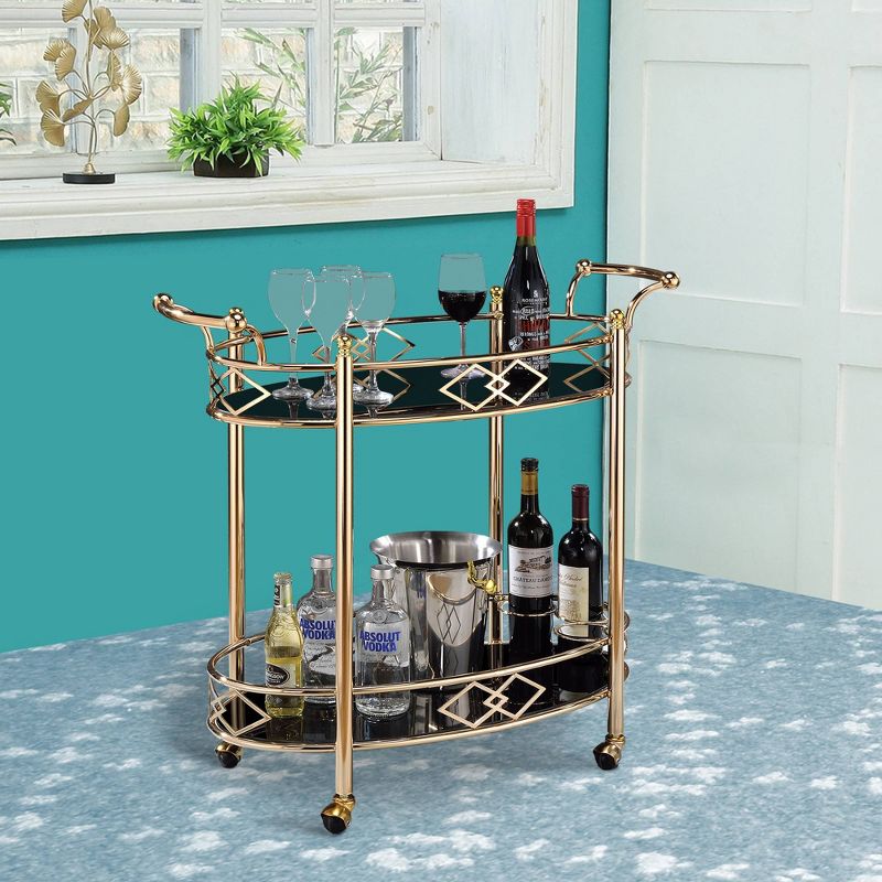 Metal Framed Serving Cart with Tempered Glass Top and Open Bottom Shelf Gold/Black - Benzara