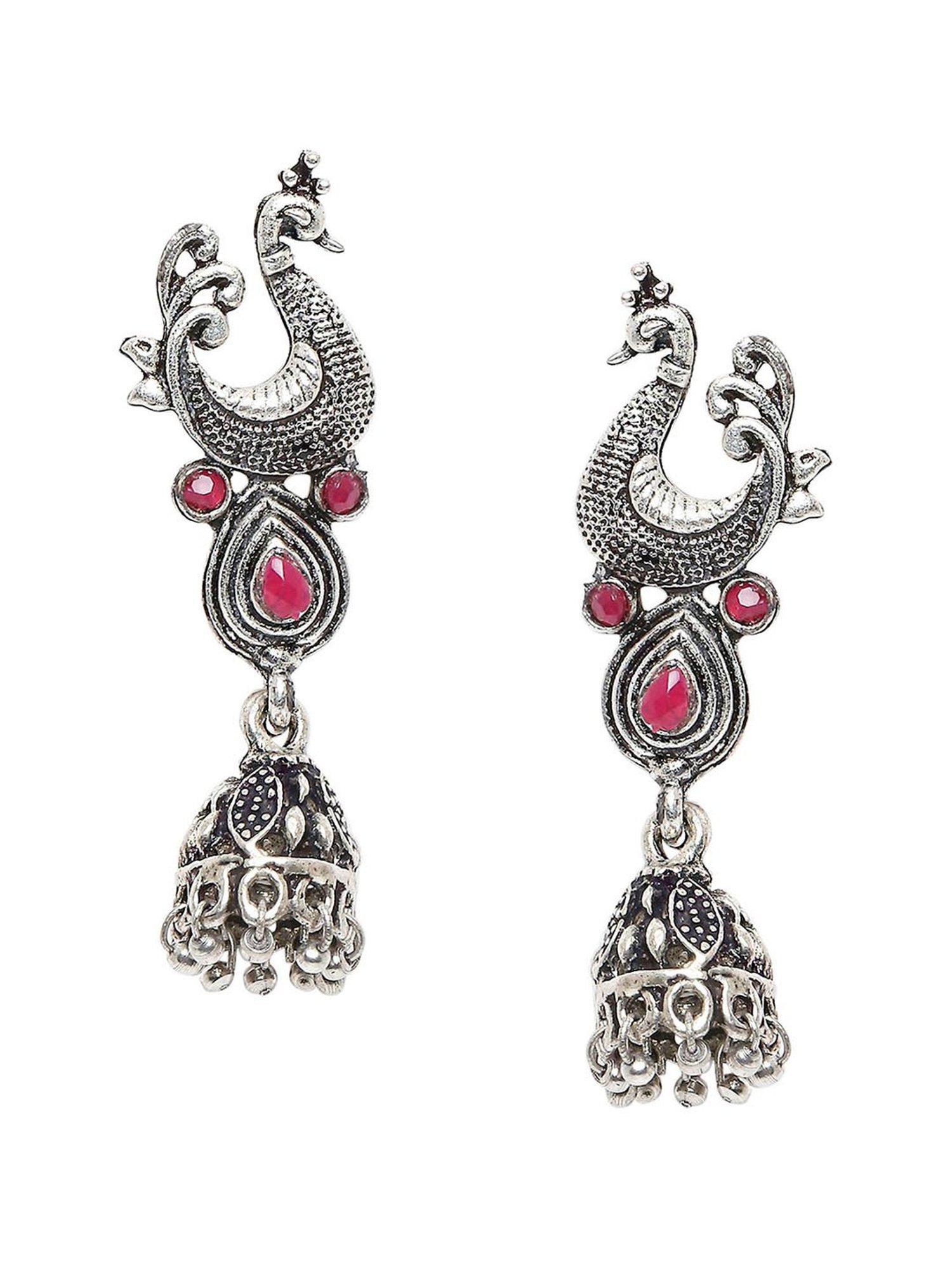OOMPH Oxidized Silver Look Alike Maroon Stone Peacock Long Necklace Set with Drop Earrings