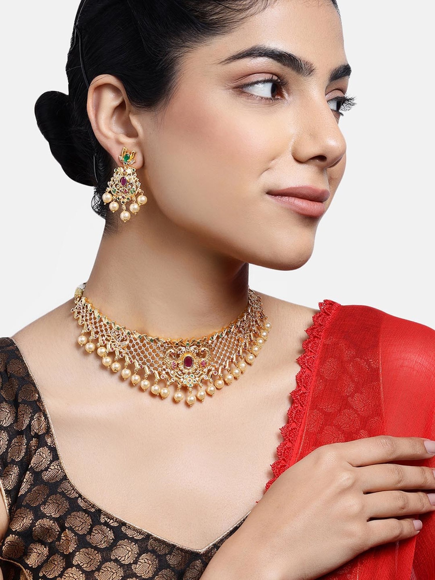 Estele Gold-Plated CZ Sleek Designer Bridal Choker Set with Pearls & Crystals for Women