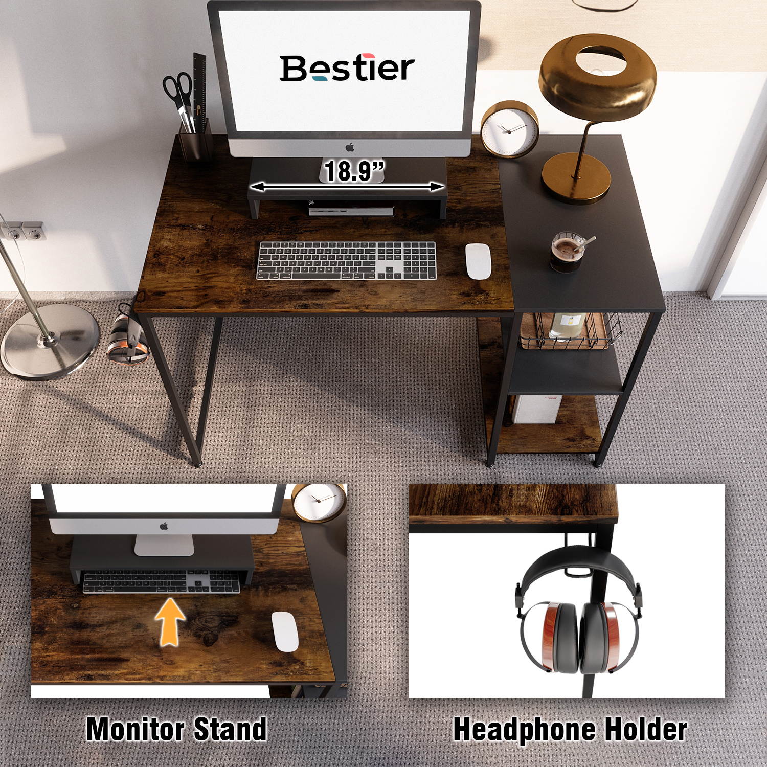Bestier 55 Inch Home Desks with Monitor Stand & Storage Shelves, Sturdy Rustic Desk, Home Office Laptop Desk, Easy to Assemble, Rustic Brown & Black