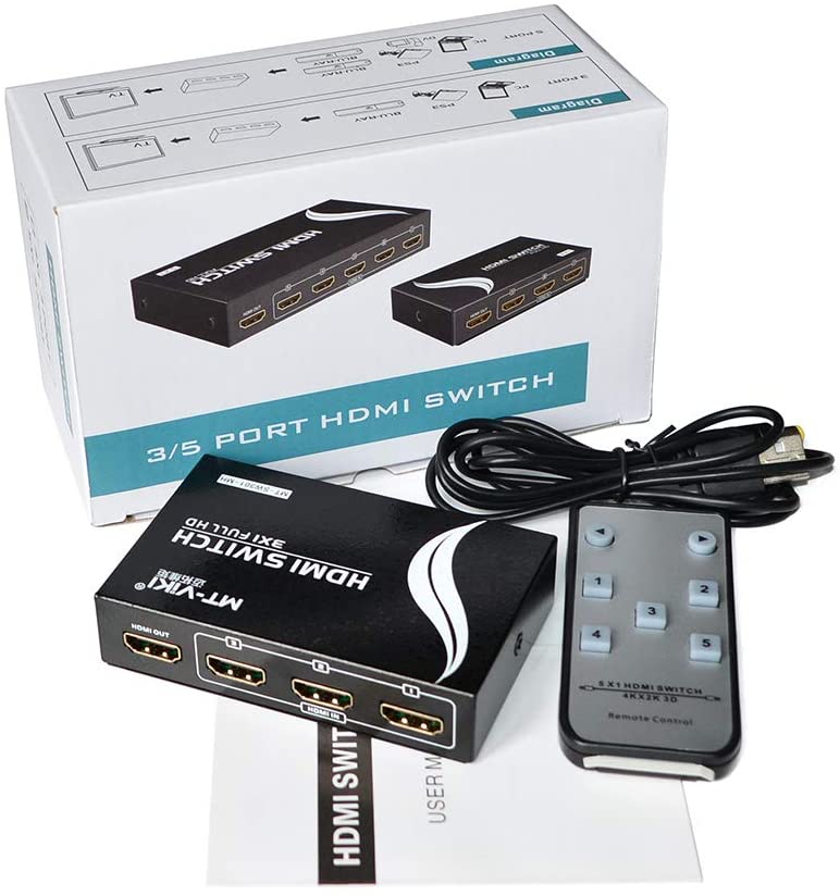 4K HDMI Switch 5 in 1 Out w/IR Remote Control, 5 Port Switcher Selector Box for Xbox Nintendo PS3 PS4 TV Fire Stick Roku