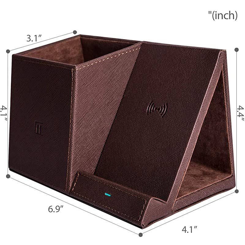10W Fast Wireless Charger Pencil Pen Holder Desk Stand Organizer,Compatible iPhone SE/11/11 Pro/11 Pro Max/XS/XS Max/XR/X/8 Plus,Samsung Galaxy S20 S10 S9 S8 S7 Edge Note 10+/9/8 Brown
