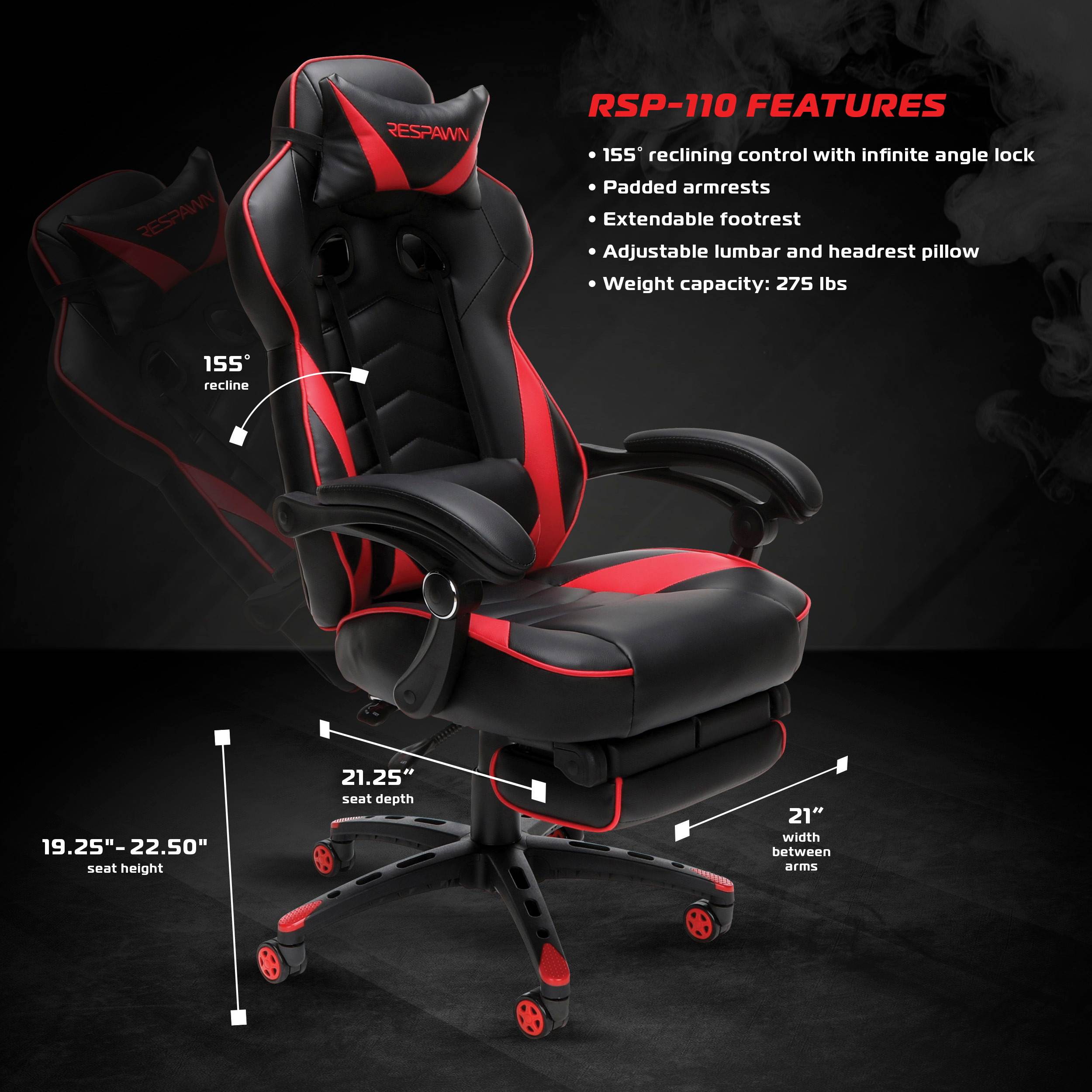 RESPAWN 110 Racing Style Gaming Chair, Reclining Ergonomic Leather Chair with Footrest, in White (RSP-110-WHT)