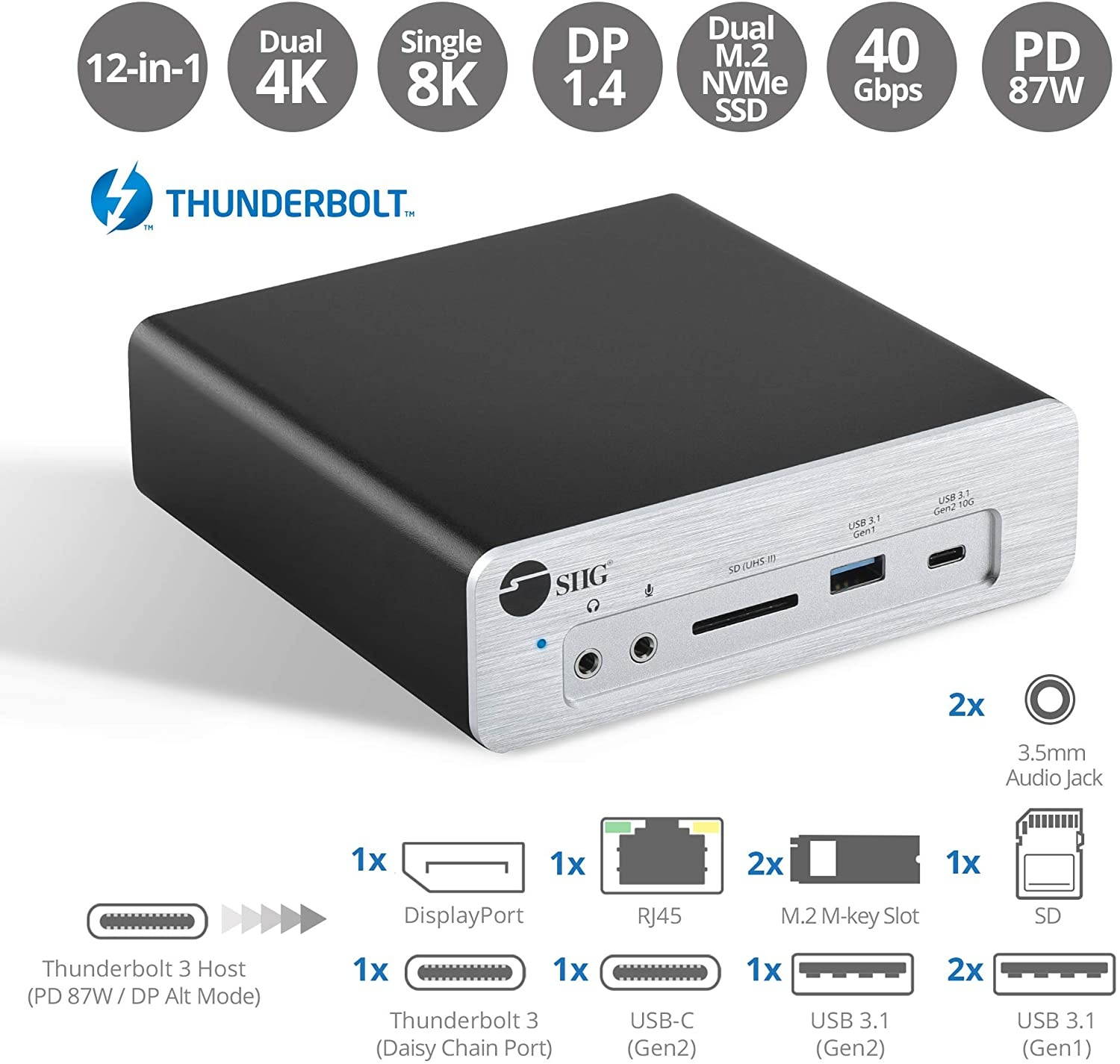 SIIG Thunderbolt 3 Laptop Docking Station, Dual M.2 NVMe Slot, 87W PD Charging, DisplayPort 1.4, SD Card Reader, 2X USB 10G Ports, 2X USB 5G Ports, Gigabit Ethernet, TAA Compliant (JU-DK0K11-S1)