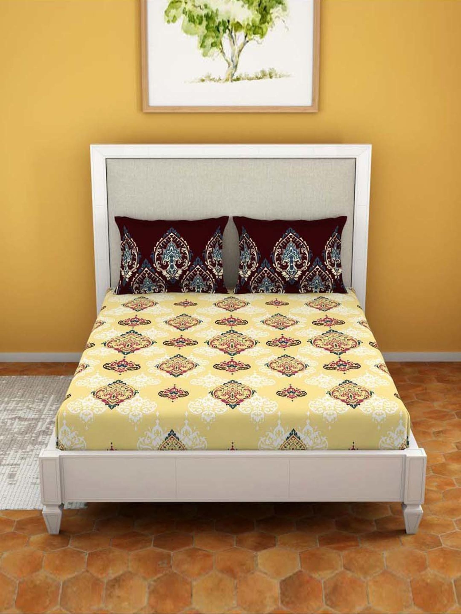 Welspun Moments Printed Beige Cotton Queen Fitted Bed Sheet with 2 Pillow Covers