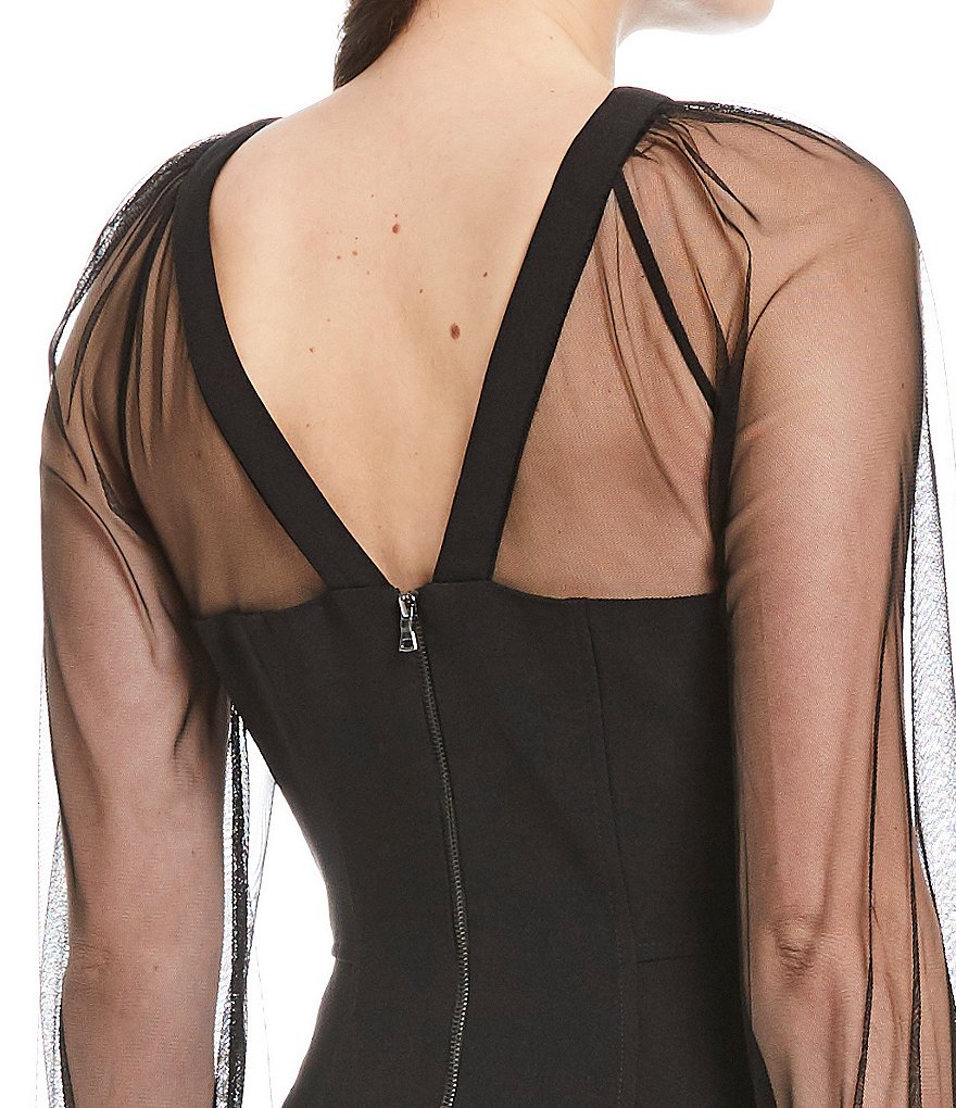 Maggy London Illusion Sleeve Crepe Midi Sheath Dress