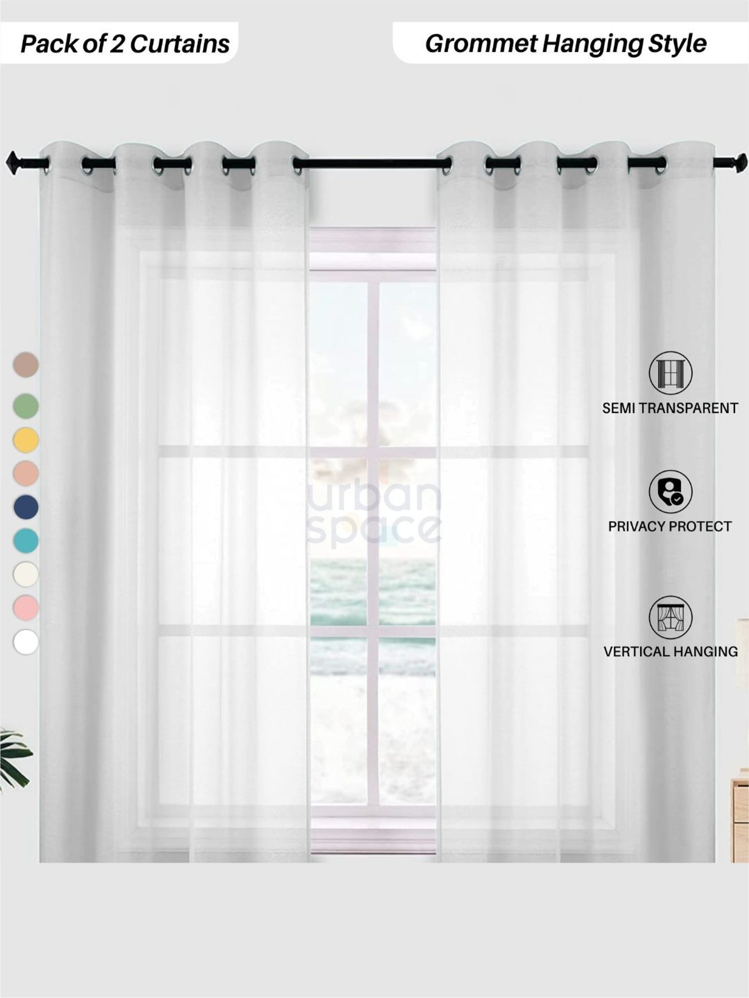 Urban Space Textured Grey Polyester 5 ft Window Sheer Curtains - Set of 2