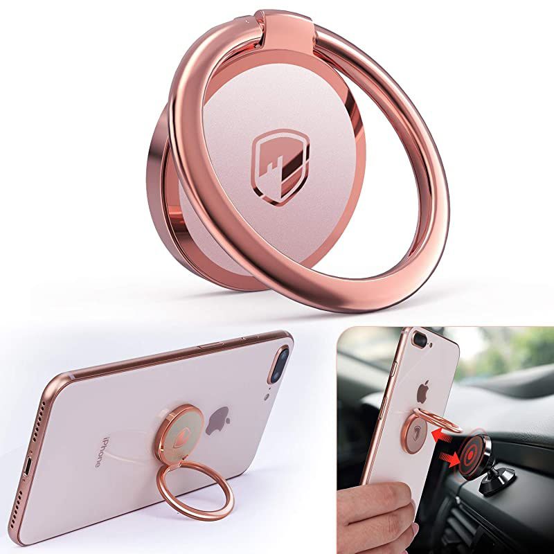Phone Ring Holder Finger Kickstand -  360&deg; Rotation Metal Ring Phone Stand & Grip for Magnetic Car Mount Compatible with All Smartphones-Rose Gold