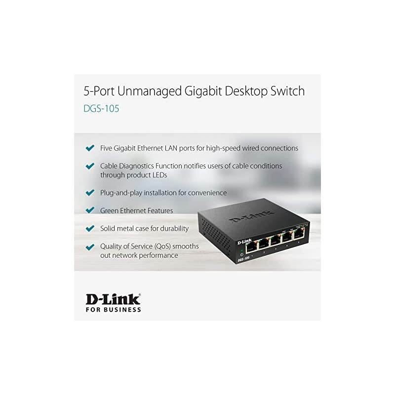 Ethernet Switch 5 Port Gigabit Unmanaged Metal Desktop Plug and Play Compact DGS105
