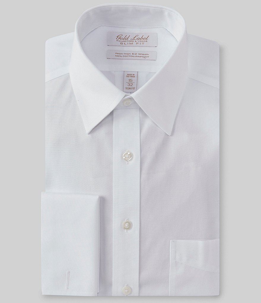 Gold Label Roundtree & Yorke Solid Non-Iron Fitted Point-Collar Dress Shirt with French Cuffs