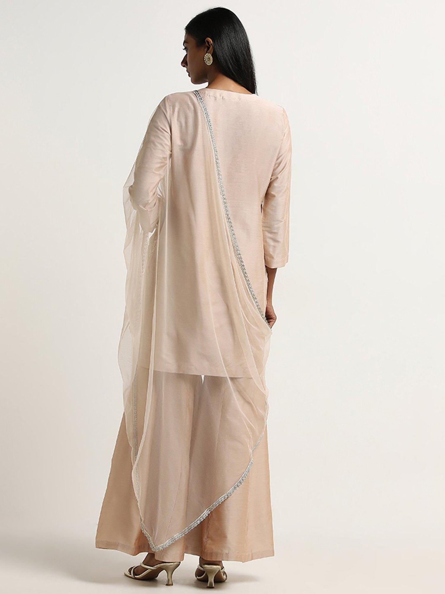 Vark by Westside Beige Embroidered Kurti, Palazzos & Dupatta Set