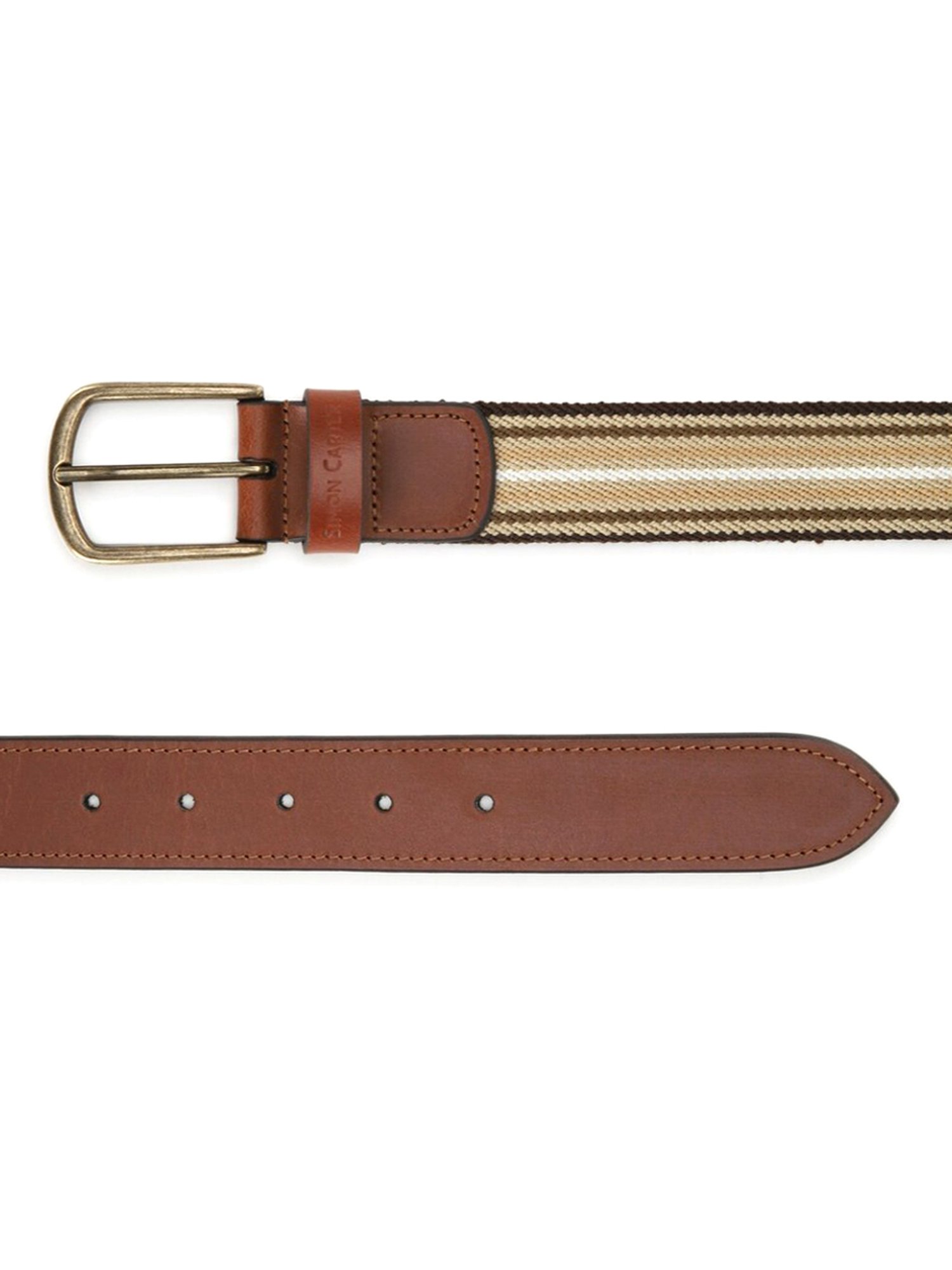 Simon Carter Beige Leather Striped Casual Belt for Men