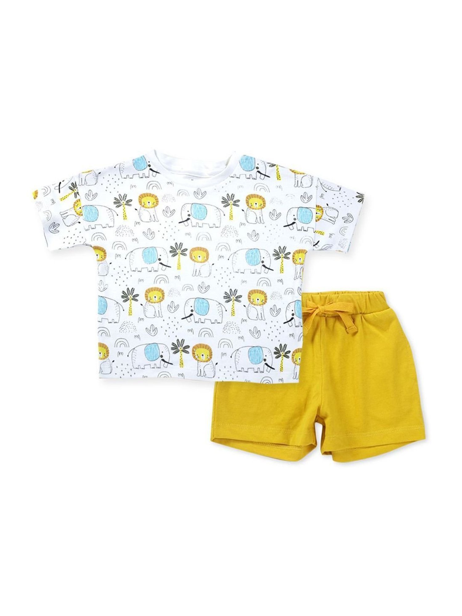 Gini & Jony Kids White & Yellow Cotton Printed T-Shirt Set