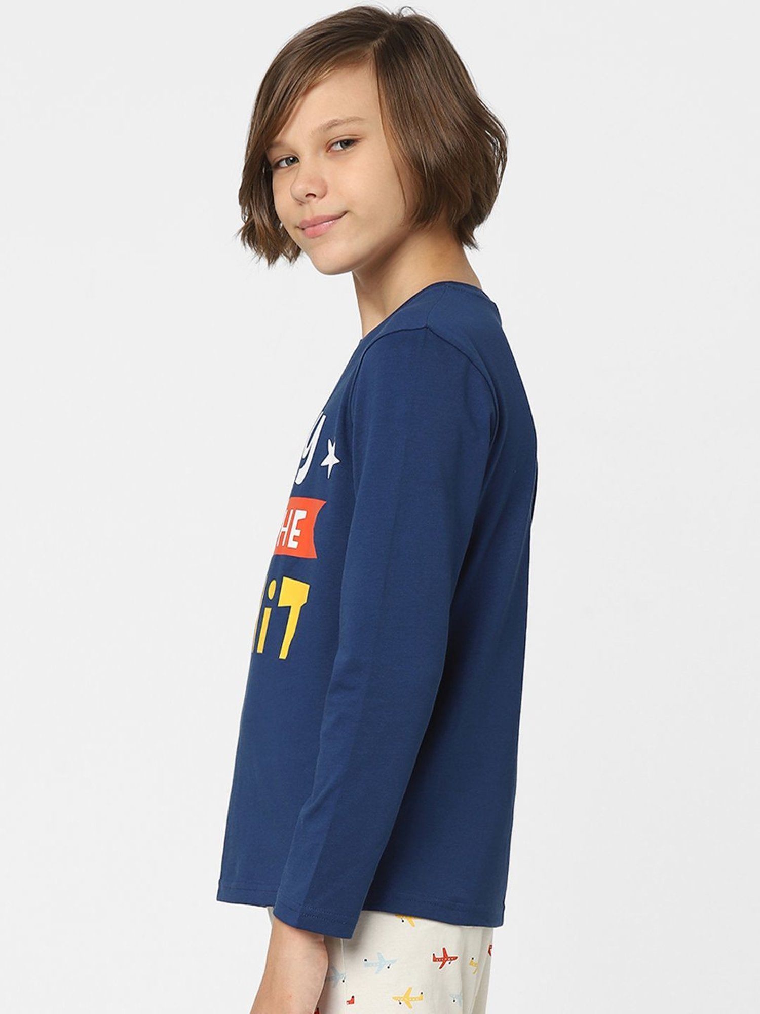 Jack & Jones Junior Navy & White Cotton Graphic Full Sleeves T-Shirt Set