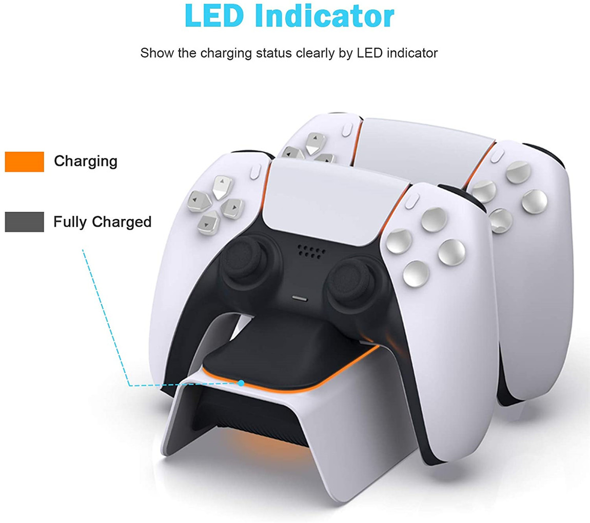 PS5 Controller Charger with Thumb Grip Kit, Fast Charging AC Adapter, Dualsense Charging Station Dock for Dual Playstation 5 Controllers with LED Indicator, White