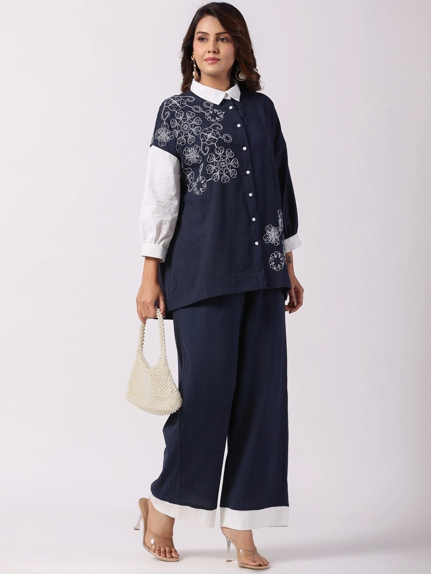 Zolo Label Navy Cotton Embroidered Shirt Palazzo Set
