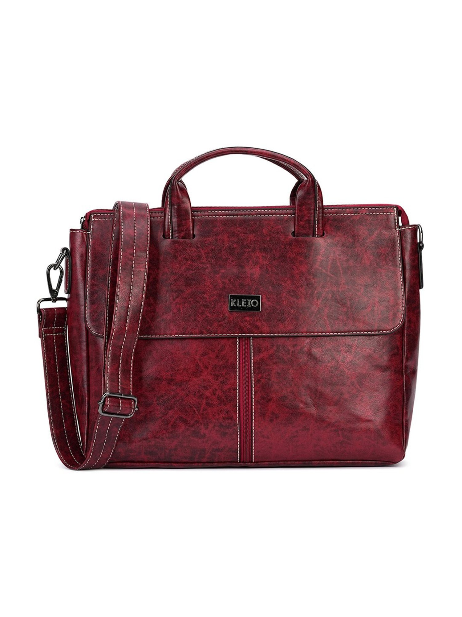 KLEIO Marble Textured Maroon Medium Leather Laptop Handbag