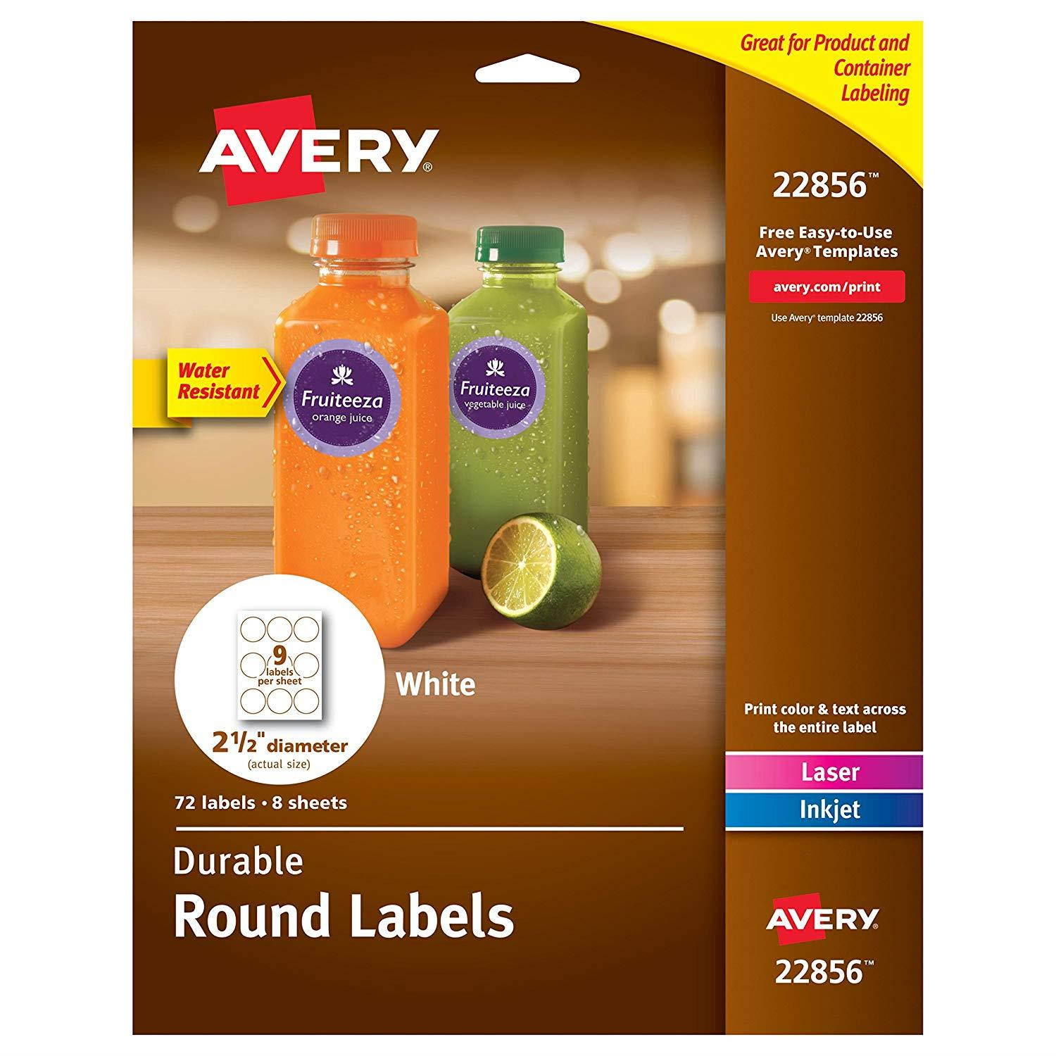 Avery Durable White Round Labels, 2-1/2" Diameter, Pack of 72 (22856)