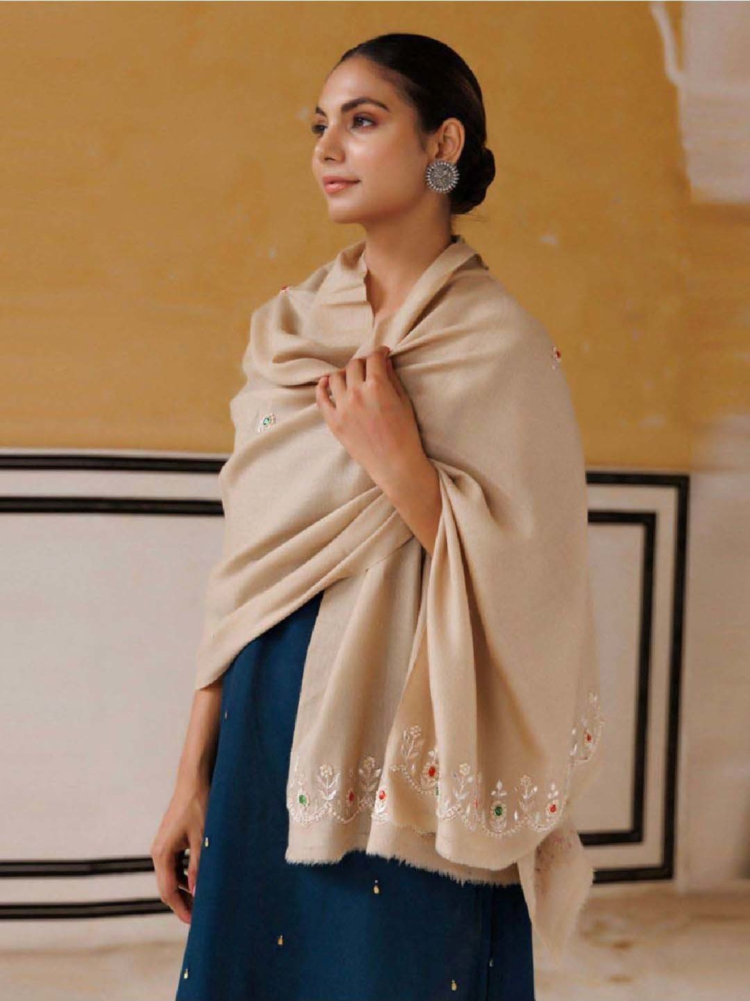 Geroo Jaipur Beige Hand Embroidered Gota Patti-Zardosi Woolen Shawl