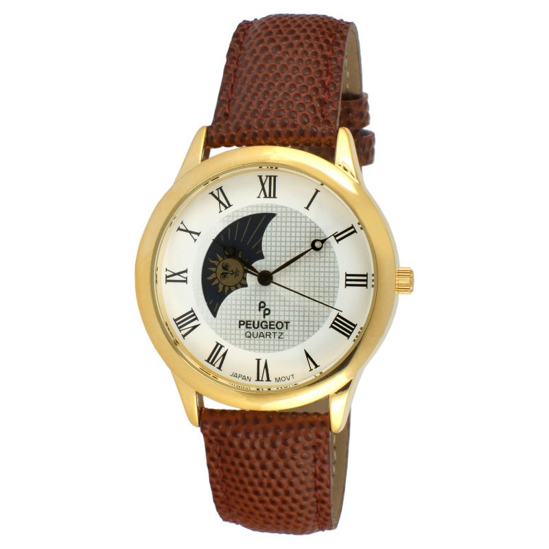 Men's Peugeot Round  Sun Moon Leather Strap Watch - Brown