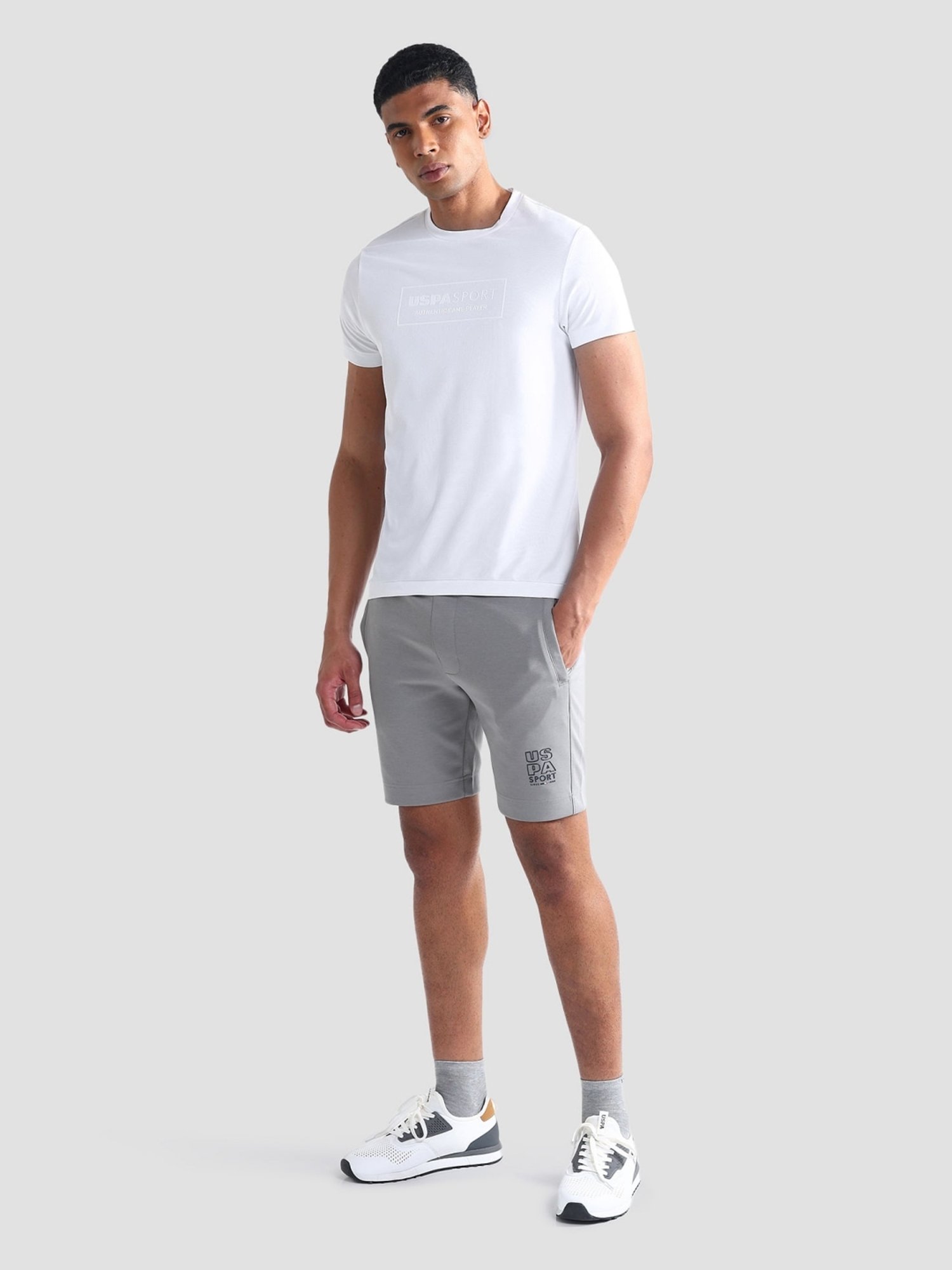 USPA Active Grey Slim Fit Logo Printed Sports Shorts