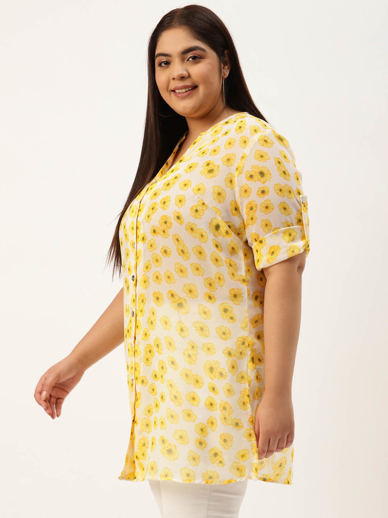 theRebelinme Yellow & Off White Floral Print Shirt
