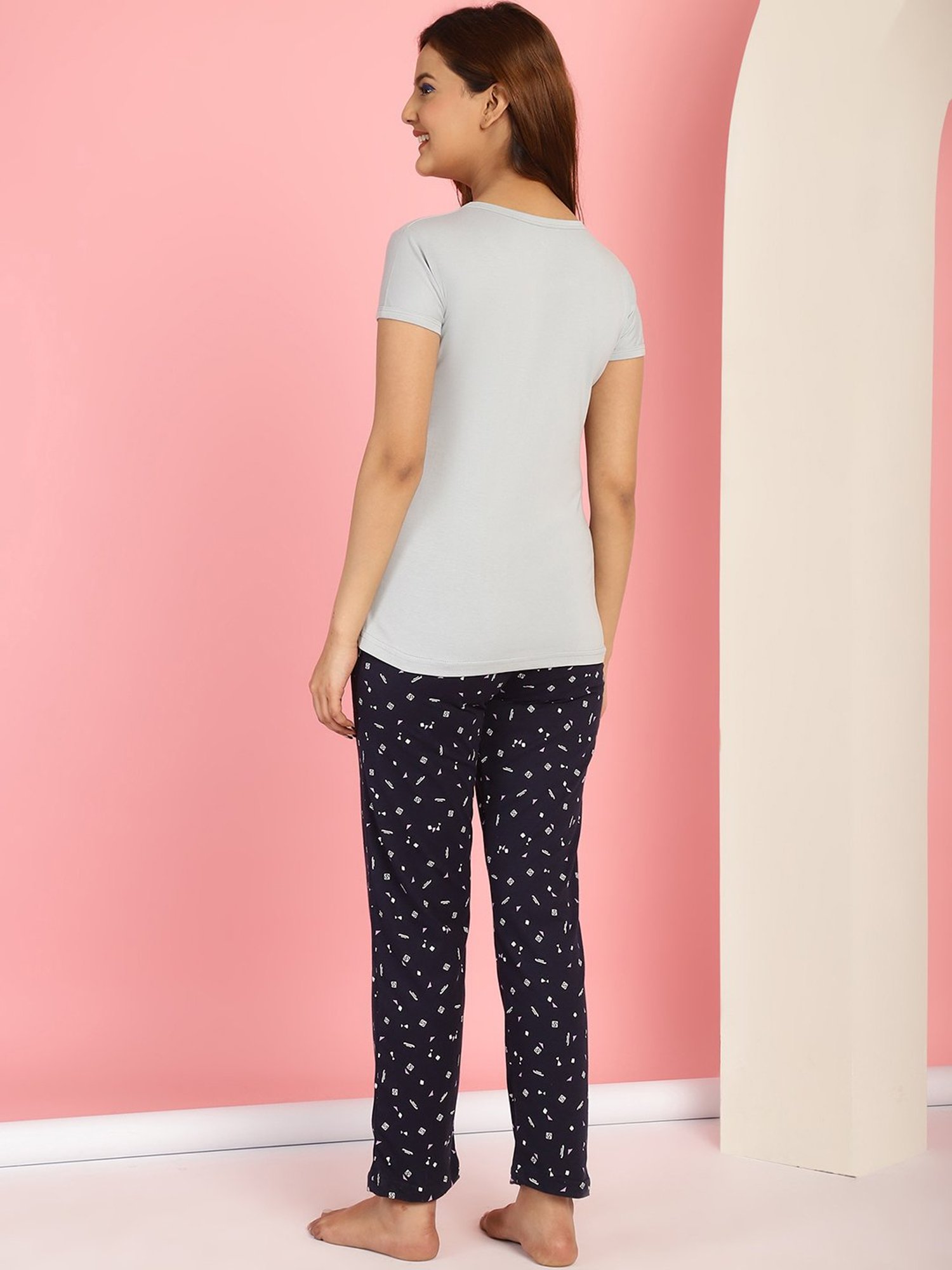 Gracit Grey & Black Cotton Printed Top With Pyjamas