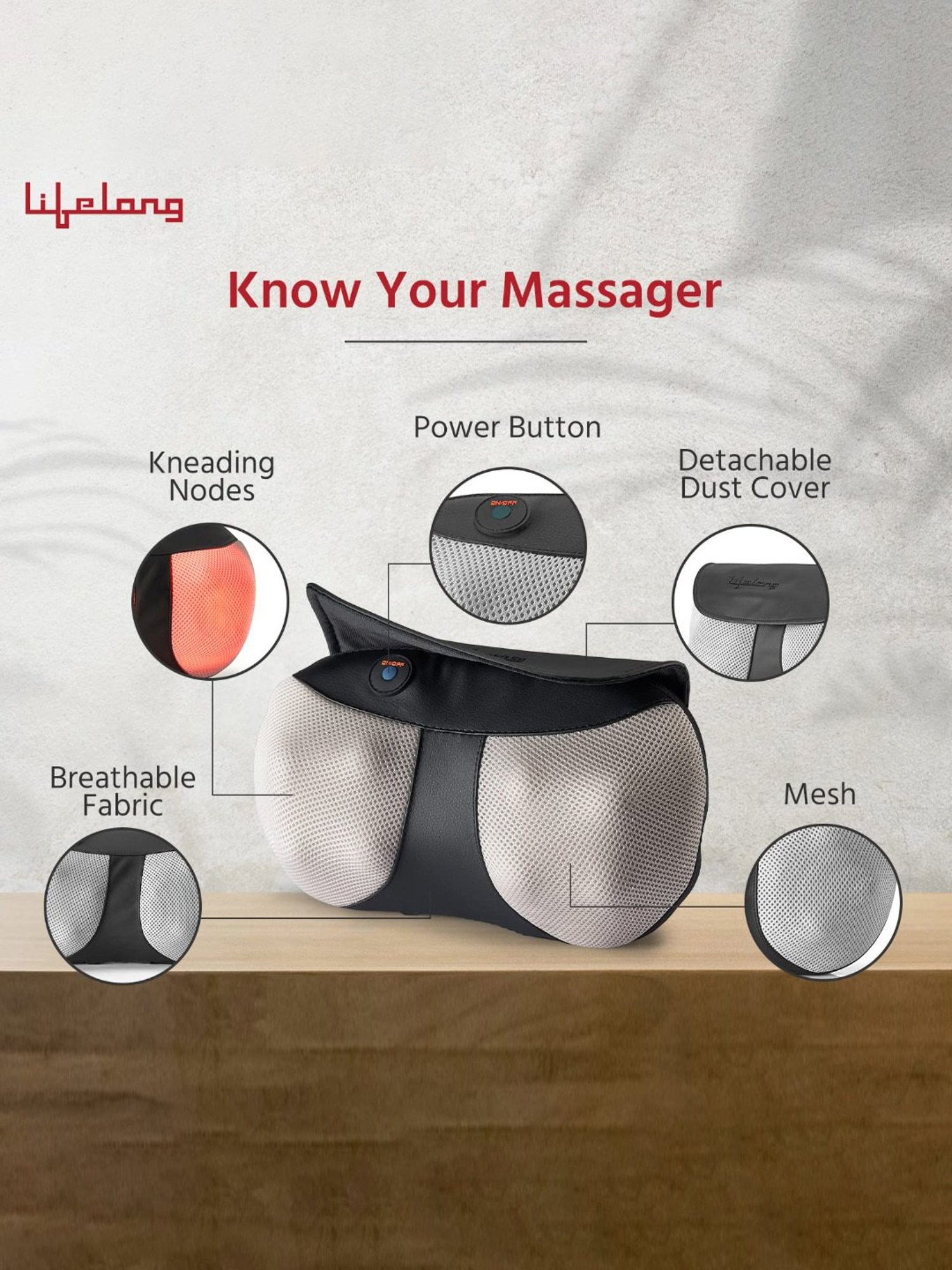 Lifelong LLM369 Cushion and Body Massager with Heat and Strong 8 Deep Kneading Nodes (Black)