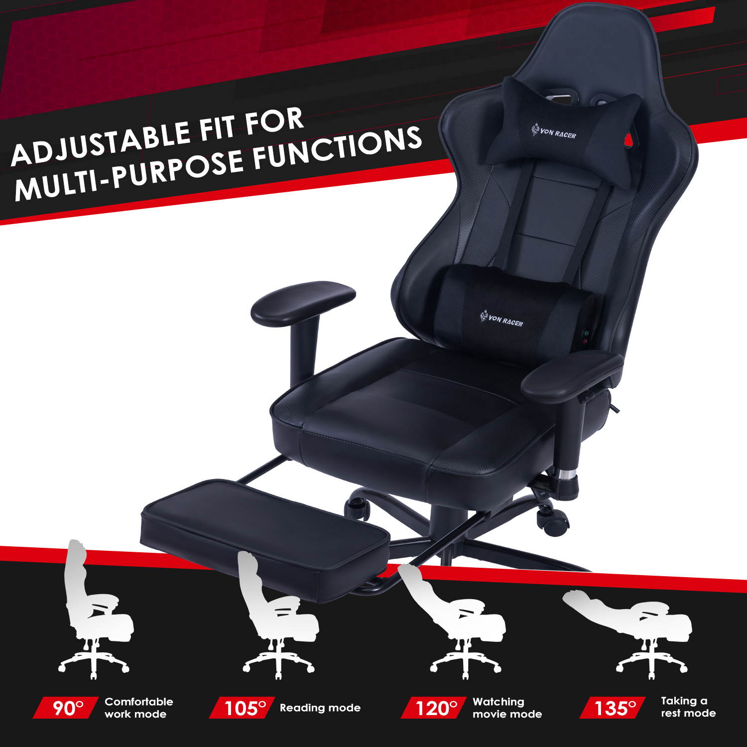 VON RACER Massage Gaming Chair - High Back Racing PC Computer Desk Office Chair Swivel Ergonomic Executive Leather Chair with Footrest and Adjustable Armrests(Grey)