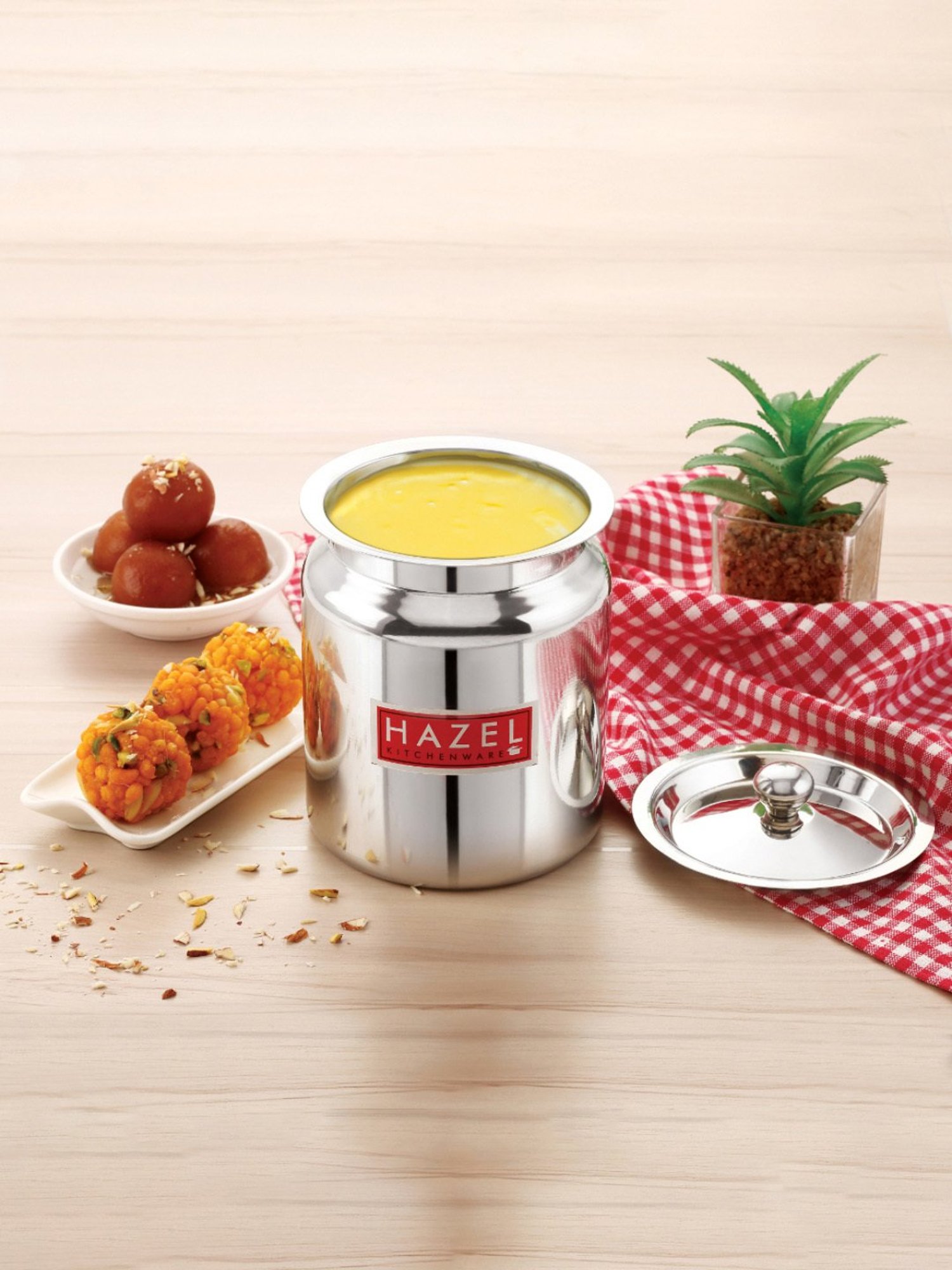 HAZEL Silver Stainless Steel Oil or Ghee Storage Container (0.6 L)