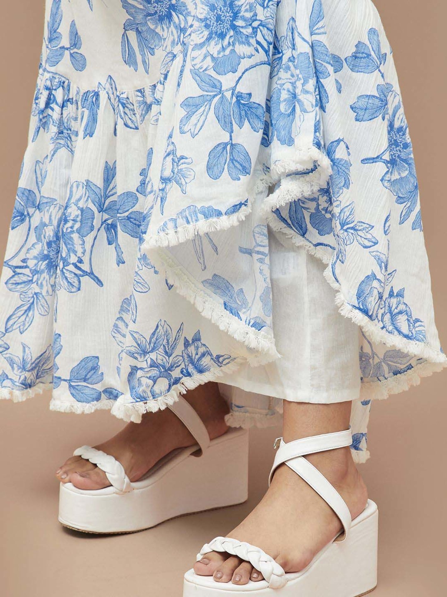 Colour Me by Melange White & Blue Cotton Floral Print Maxi Skirt