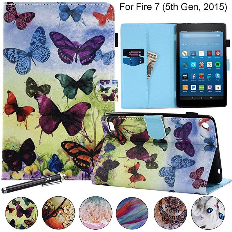 Flip Case for Kindle Fire 7 2015  Magnetic Leather Stand Protective Case with Card Slots for  Kindle Fire 7 Only Fit Fire 7 Display 5th Generation 2015 Release Wild Butterfly