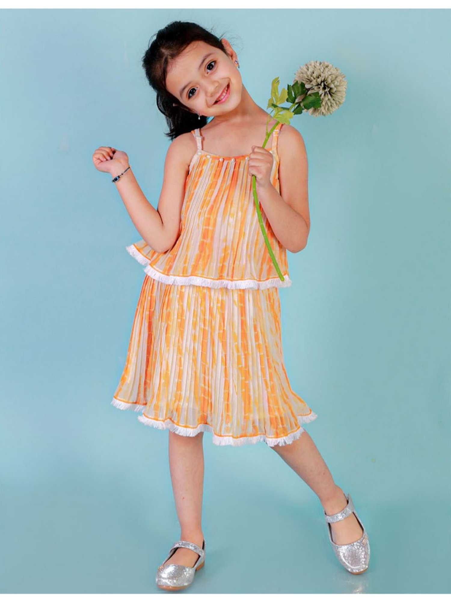Lil Drama Kids Orange & White Printed Dress