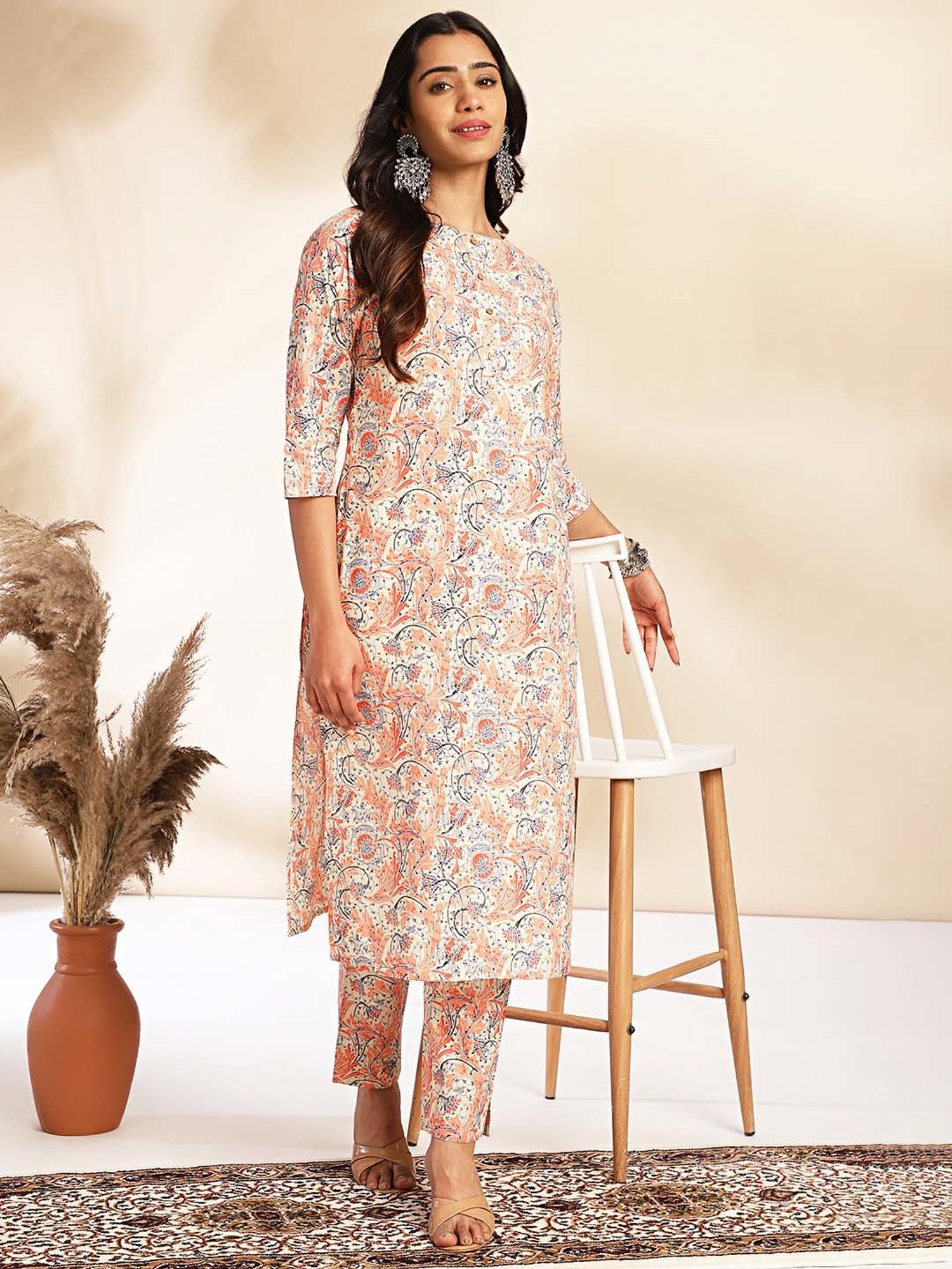 Janasya Beige Cotton Floral Print Kurta Pant Set