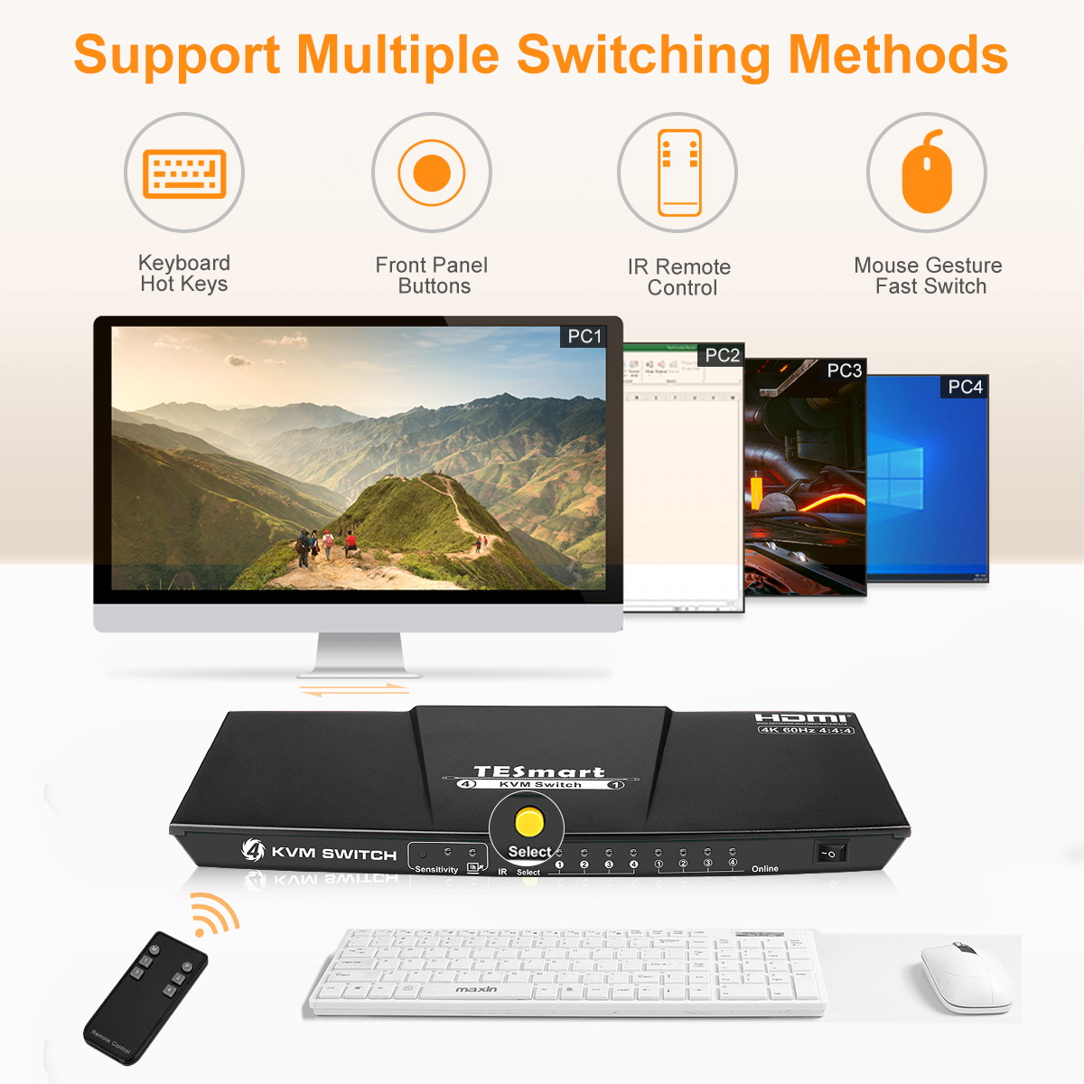 TESmart HDMI KVM Switch 4 ports 4 in 1 out  , support 4k 3840*2160@60Hz 4:4:4  Support HDR 10 and Dolby Vision ,Complaint with HDCP 2.2, With USB2.0 and audio output ports