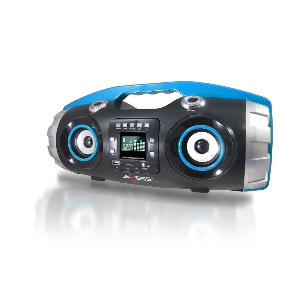 AXESS PBBT2709BL Portable Bluetooth FM Radio/CD/MP3/USB/SD Heavy Bass Boombox (Blue)