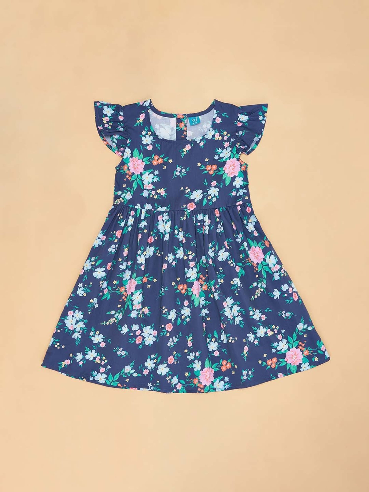 YU by Pantaloons Kids Navy & Pink Cotton Floral Print Dress