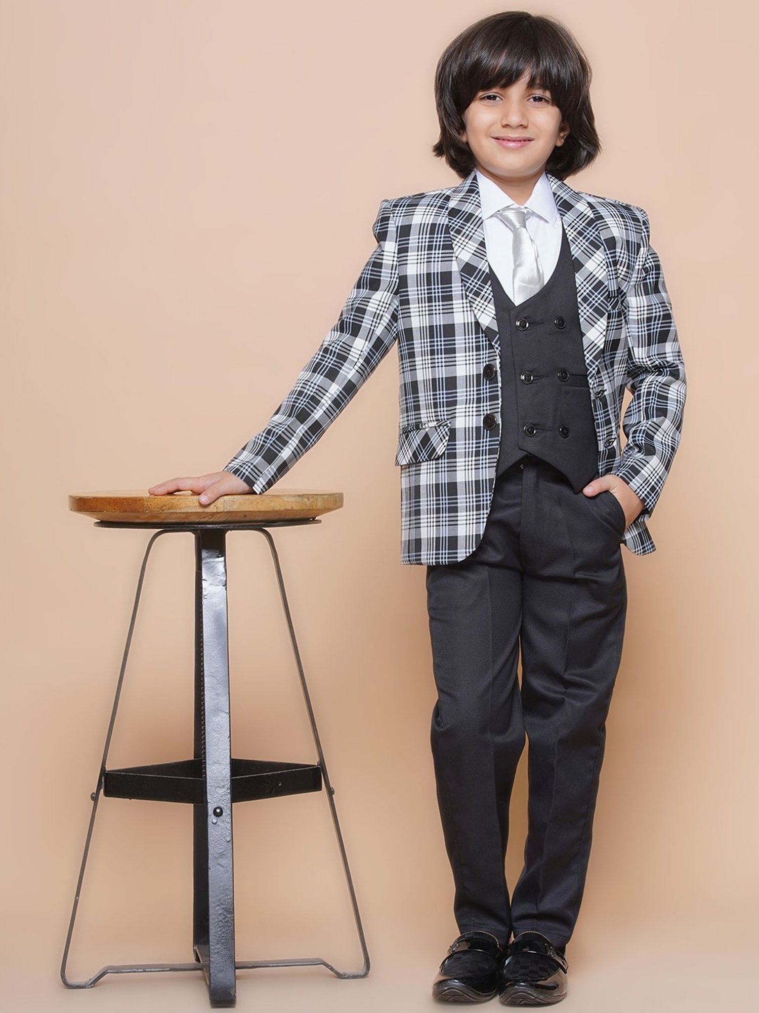 AJ Dezines Kids Sky Blue & Black Solid Full Sleeves Shirt, Pants, Coat, Waistcoat with Tie